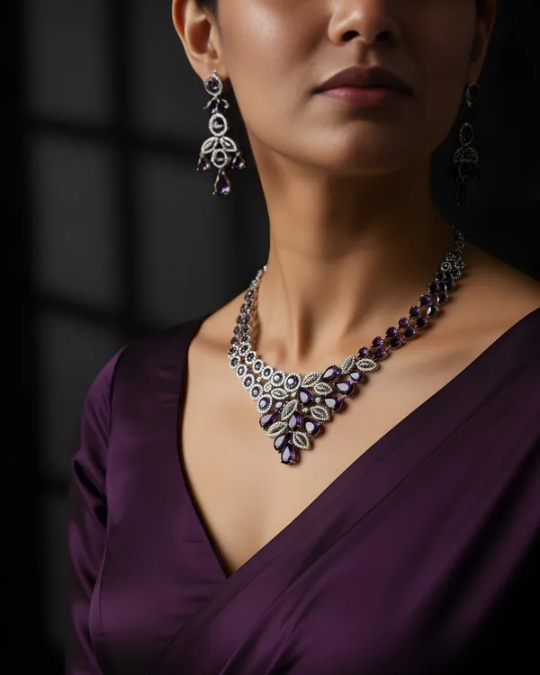 Purple_Grand_Regal_Sparkle_Teardrop_With_Mangtika(Bindi)_Rhodium_Plated_Cubic_Zirconia_(Cz)_Choker_Set_For_Women