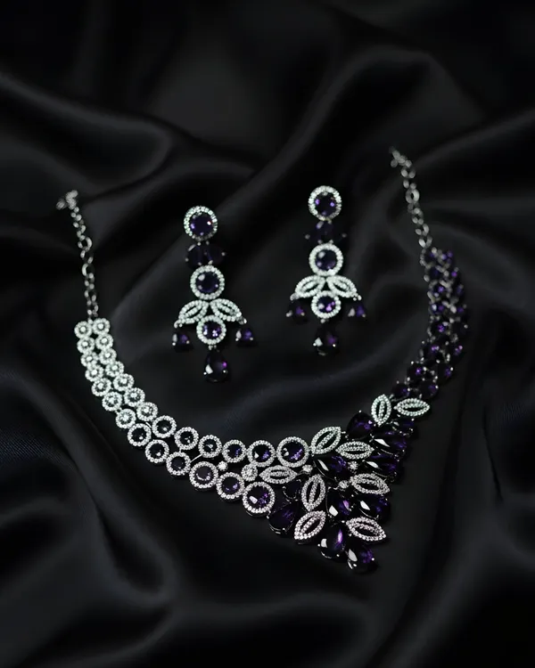 Purple_Grand_Regal_Sparkle_Teardrop_With_Mangtika(Bindi)_Rhodium_Plated_Cubic_Zirconia_(Cz)_Choker_Set_For_Women