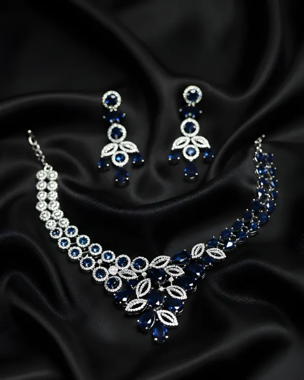 Royal_Blue_Grand_Regal_Sparkle_Teardrop_With_Mangtika(Bindi)_Rhodium_Plated_Cubic_Zirconia_(Cz)_Choker_Set_For_Women