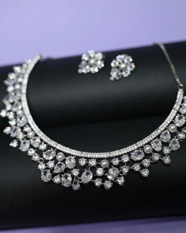 White_The_Night_Bloom_Pearl_&_Diamond-Look_Rhodium_Plated_Cubic_Zirconia_(Cz)_Choker_Set_For_Women