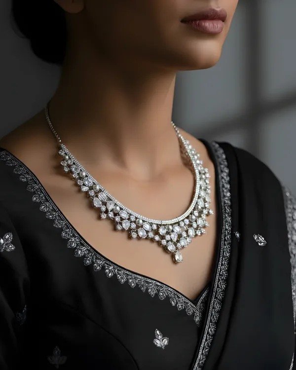 White_The_Night_Bloom_Pearl_&_Diamond-Look_Rhodium_Plated_Cubic_Zirconia_(Cz)_Choker_Set_For_Women
