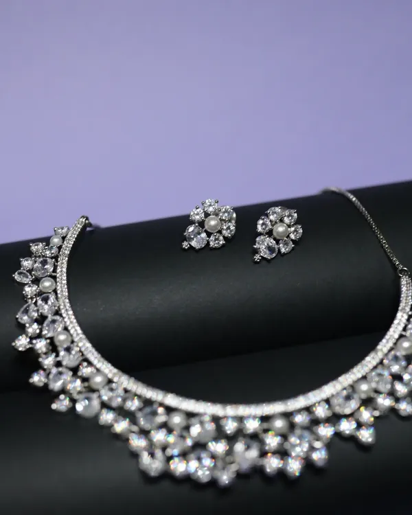 White_The_Night_Bloom_Pearl_&_Diamond-Look_Rhodium_Plated_Cubic_Zirconia_(Cz)_Choker_Set_For_Women