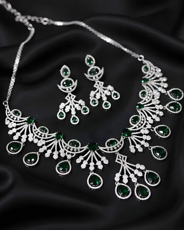 Bottle_Green_Victorian_Sparkle_Radiance_Rhodium_Plated_Cubic_Zirconia_(Cz)_Choker_&_Earring_Set_For_Women
