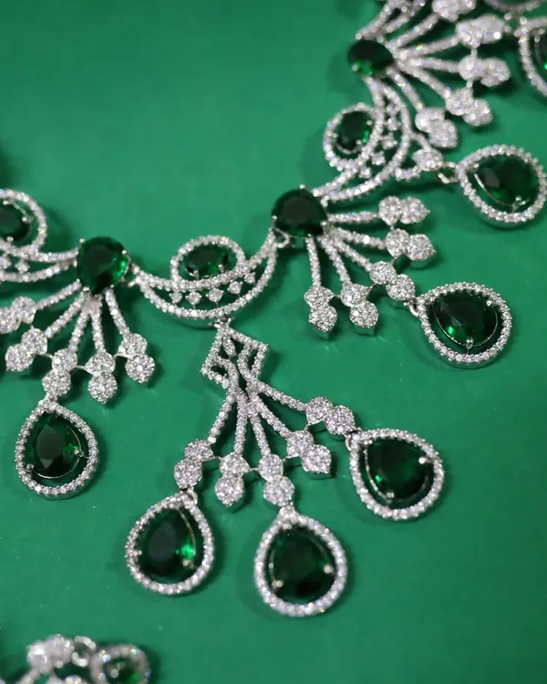 Bottle_Green_Victorian_Sparkle_Radiance_Rhodium_Plated_Cubic_Zirconia_(Cz)_Choker_&_Earring_Set_For_Women