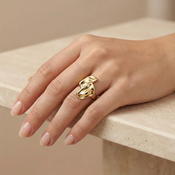 Gold_Tone_The_Fluid_Chunky_Abstract_Wave_Stainless_Steel_Anti_Tarnish_Minimalist_Linked_Adjustable_Ring,_18K_Gold_Plated_Ring_For_Women