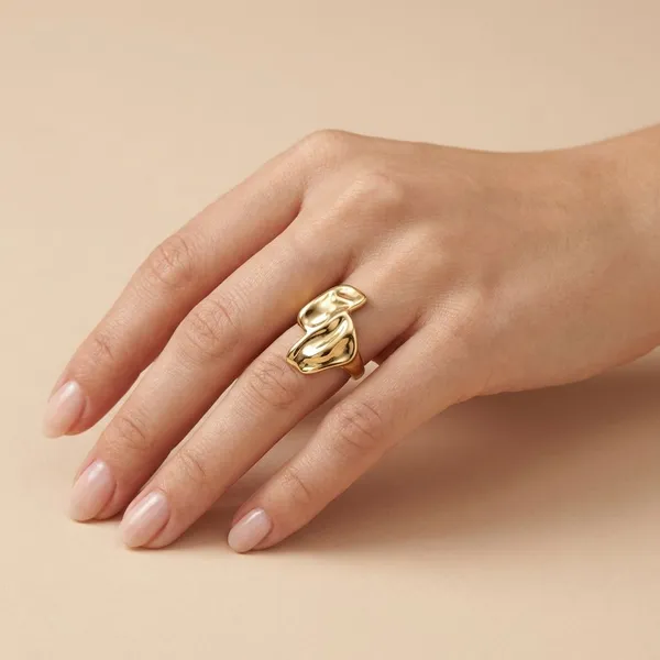 Gold_Tone_The_Fluid_Chunky_Abstract_Wave_Stainless_Steel_Anti_Tarnish_Minimalist_Linked_Adjustable_Ring,_18K_Gold_Plated_Ring_For_Women