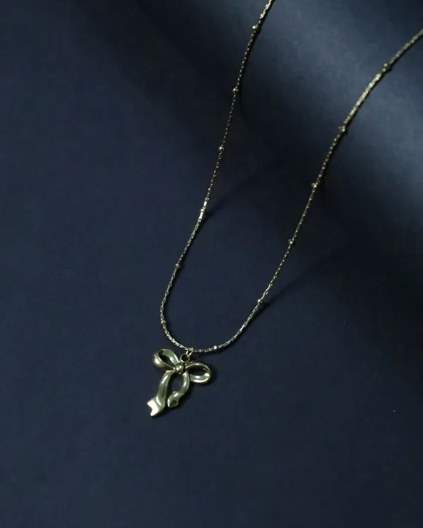 Gold_Plated_18K_Anti_Tarnish_Stainless_Steel_Vermeil_Bow_And_Ballet_Slipper_Charm_Pendant_Chain_For_Women