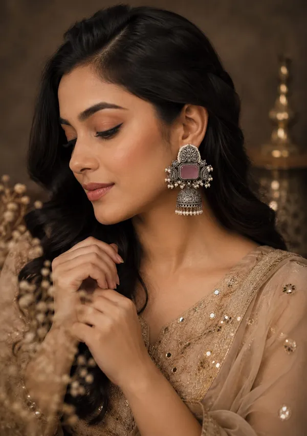 Antique_Pink_Stone_Oxidised_Jhumka_Earrings