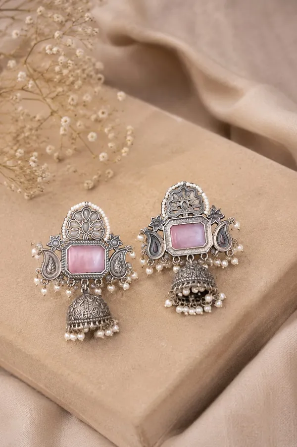 Antique_Pink_Stone_Oxidised_Jhumka_Earrings
