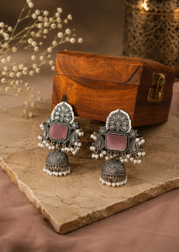 Antique_Pink_Stone_Oxidised_Jhumka_Earrings