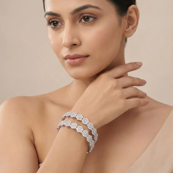 White_Dazzling_Daisy_Chain_Bangles(Set_Of_2)_For_Women