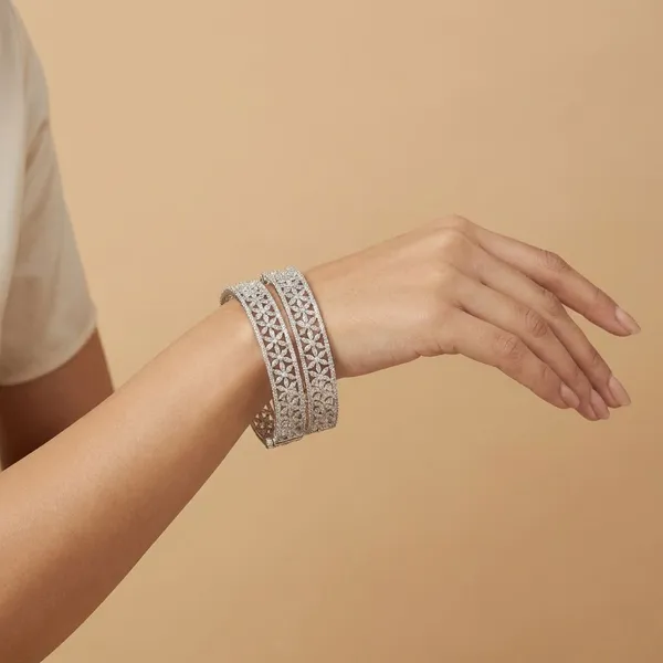 White_Opulent_Marquise_Flower_Bangles_(Set_Of_2)_For_Women