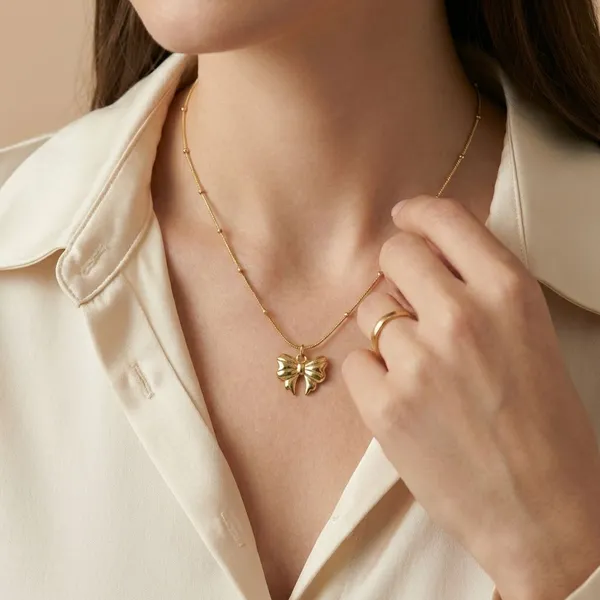 Gold_Plated_18K_Anti_Tarnish_Bow_Pendant_Chain_Necklace_For_Women
