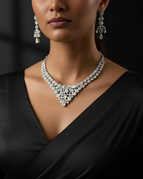 White_Grand_Regal_Sparkle_Teardrop_With_Mangtika(Bindi)_Rhodium_Plated_Cubic_Zirconia_(Cz)_Choker_Set_For_Women