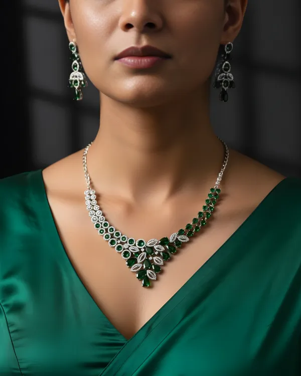 Bottle_Green_Grand_Regal_Sparkle_Teardrop_With_Mangtika(Bindi)_Rhodium_Plated_Cubic_Zirconia_(Cz)_Choker_Set_For_Women
