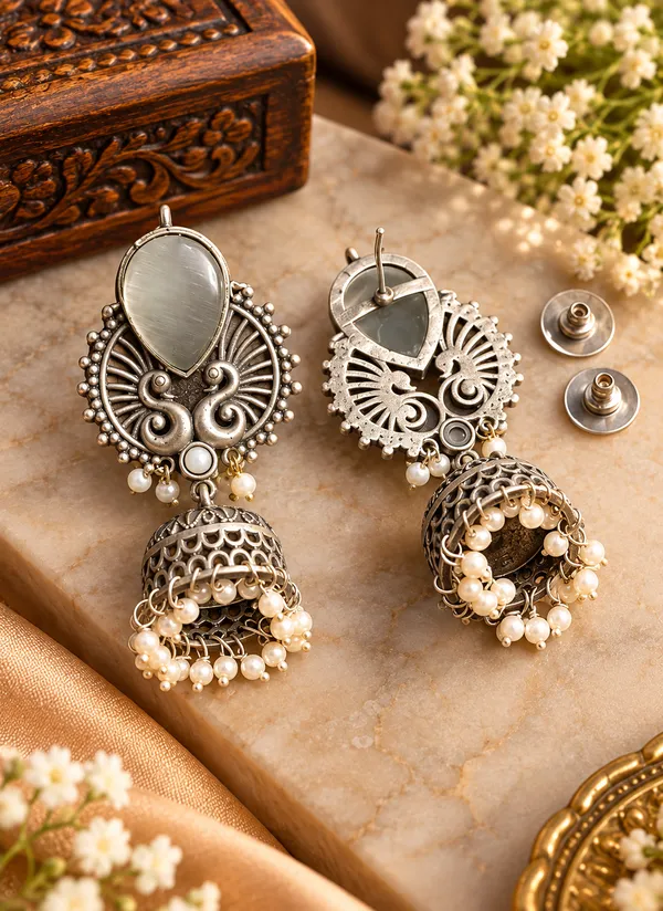 Kiana_Heritage_Peacock_Jhumka_–_Silver_Replica