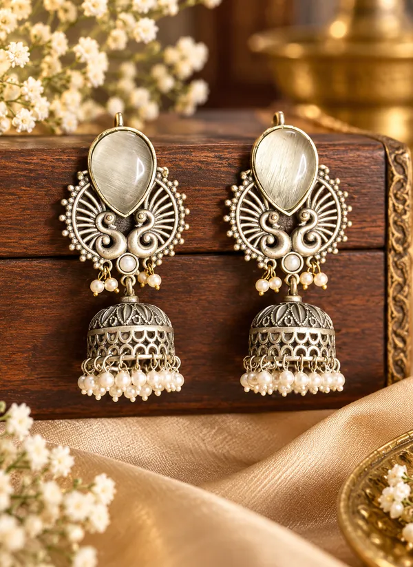 Kiana_Heritage_Peacock_Jhumka_–_Silver_Replica