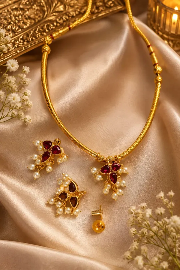 Micro-Plated_Sari_in_Ruby_Elegance_Necklace_Set_with_Pearl_Detailing