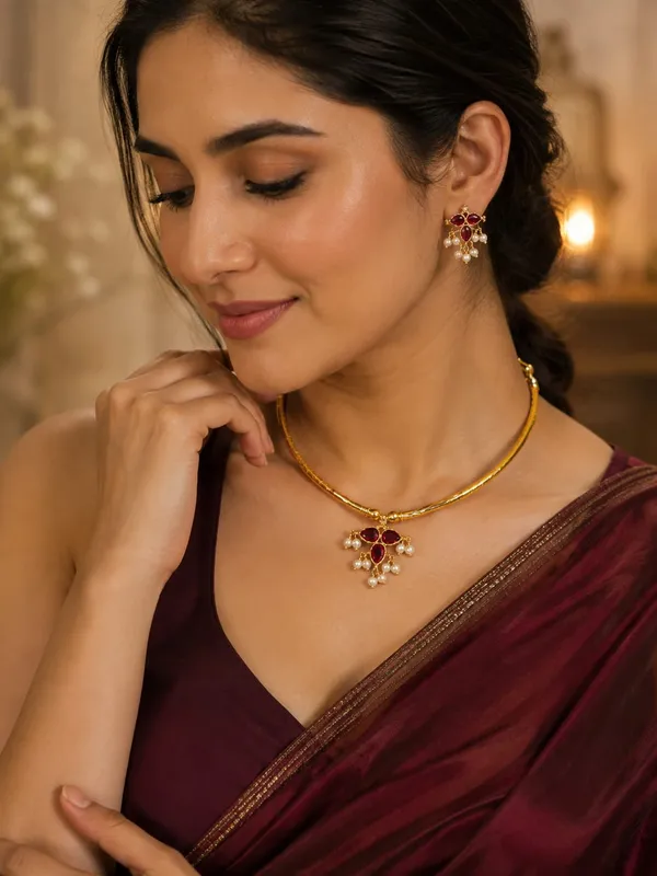 Micro-Plated_Sari_in_Ruby_Elegance_Necklace_Set_with_Pearl_Detailing