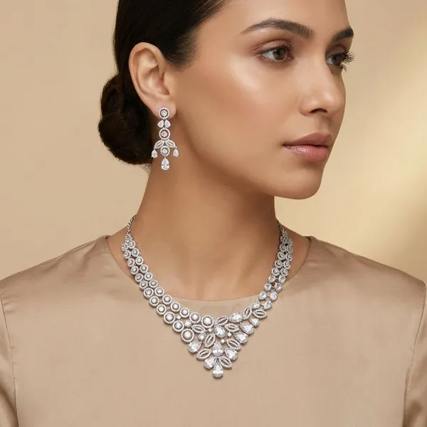 White_Grand_Regal_Sparkle_Teardrop_With_Mangtika(Bindi)_Rhodium_Plated_Cubic_Zirconia_(Cz)_Choker_Set_For_Women