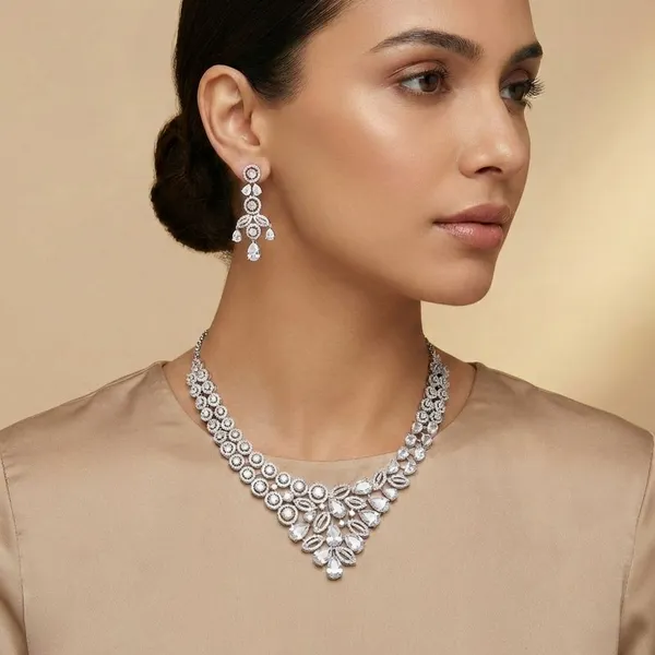 White_Grand_Regal_Sparkle_Teardrop_With_Mangtika(Bindi)_Rhodium_Plated_Cubic_Zirconia_(Cz)_Choker_Set_For_Women
