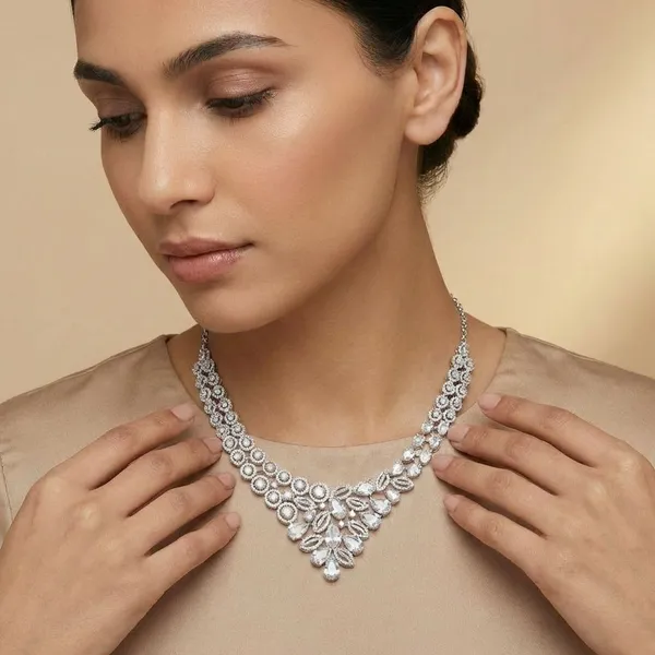 White_Grand_Regal_Sparkle_Teardrop_With_Mangtika(Bindi)_Rhodium_Plated_Cubic_Zirconia_(Cz)_Choker_Set_For_Women