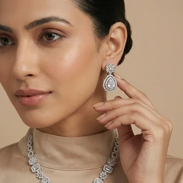 White_Geometric_Radiance_Rhodium_Plated_AntiTarnish_MultiCut_Drop_Set_For_Women