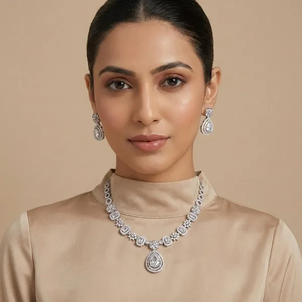 White_Geometric_Radiance_Rhodium_Plated_AntiTarnish_MultiCut_Drop_Set_For_Women