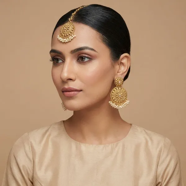 Gold_Suryakamal_Pearl_Temple_Earring_Tikka_Set_For_Women