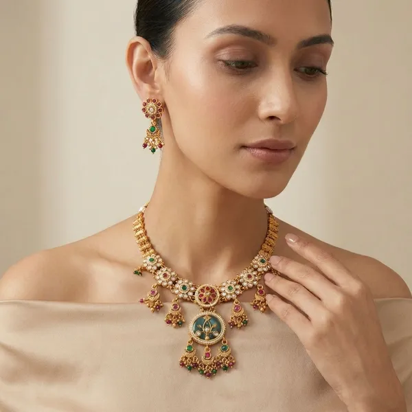 Gold_Rajwada_Pushpa_Kundan_Antique_Necklace_Set_For_Women