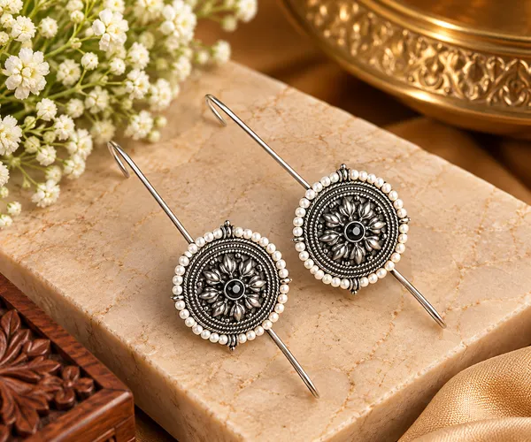 Rajwada_Floral_Pearl_Oxidised_Ear_Pins