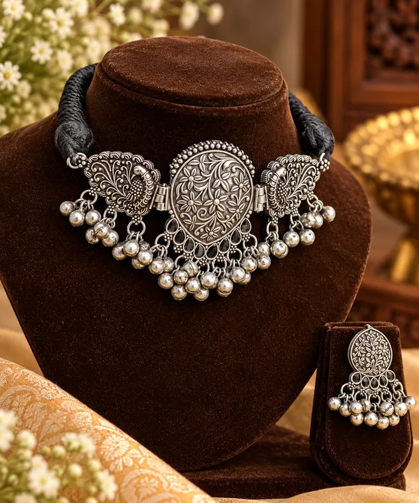 Rajwada_Padma_Oxidised_Choker_&_Earrings_Set