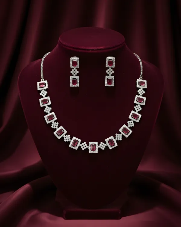 Red_Square_Cubic_Zirconia_Choker_Necklace_Set_For_Women