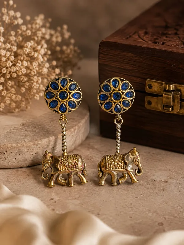 Royal_Gajraj_Duel_Toned_Antique_Oxidised_Earrings(Royal_Blue)