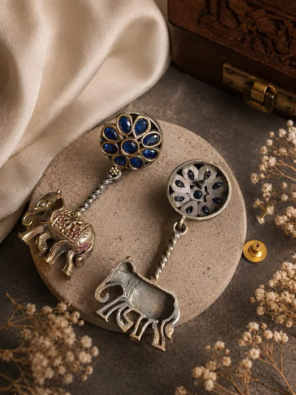 Royal_Gajraj_Duel_Toned_Antique_Oxidised_Earrings(Royal_Blue)