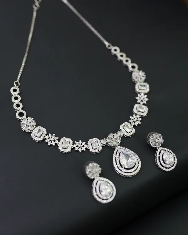 White_Geometric_Radiance_Rhodium_Plated_AntiTarnish_MultiCut_Drop_Set_For_Women
