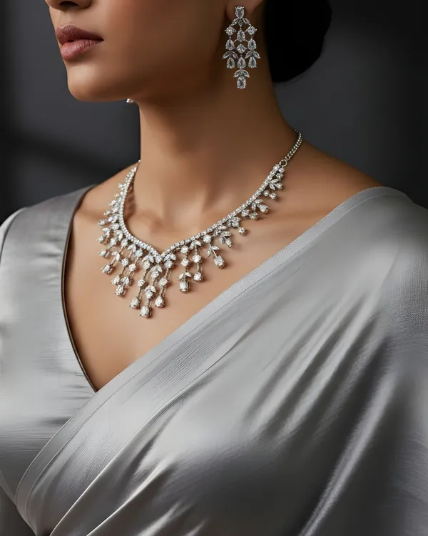 White_Crystal_Vine_And_Dewdrop_Statement_Rhodium_Plated_Cubic_Zirconia_(Cz)_Choker_Set_For_Women