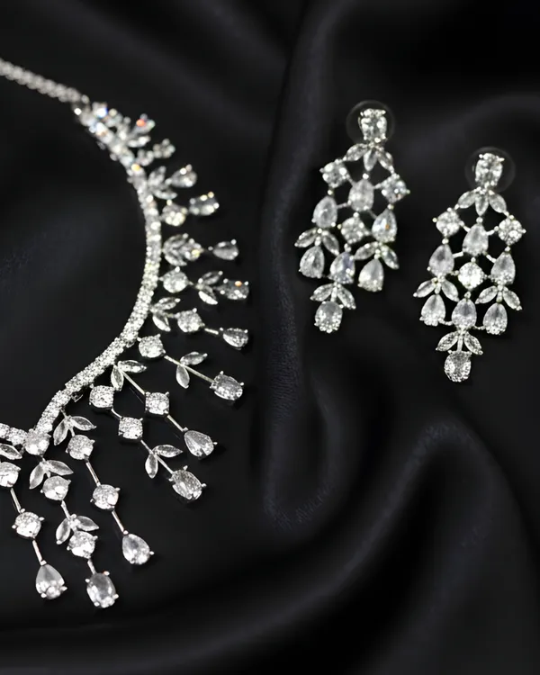 White_Crystal_Vine_And_Dewdrop_Statement_Rhodium_Plated_Cubic_Zirconia_(Cz)_Choker_Set_For_Women