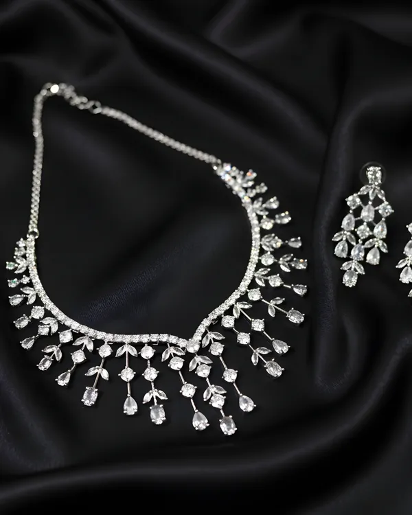 White_Crystal_Vine_And_Dewdrop_Statement_Rhodium_Plated_Cubic_Zirconia_(Cz)_Choker_Set_For_Women