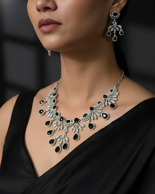 Black_Victorian_Sparkle_Radiance_Rhodium_Plated_Cubic_Zirconia_(Cz)_Choker_&_Earring_Set_For_Women