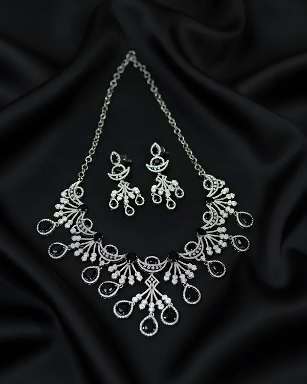 Black_Victorian_Sparkle_Radiance_Rhodium_Plated_Cubic_Zirconia_(Cz)_Choker_&_Earring_Set_For_Women