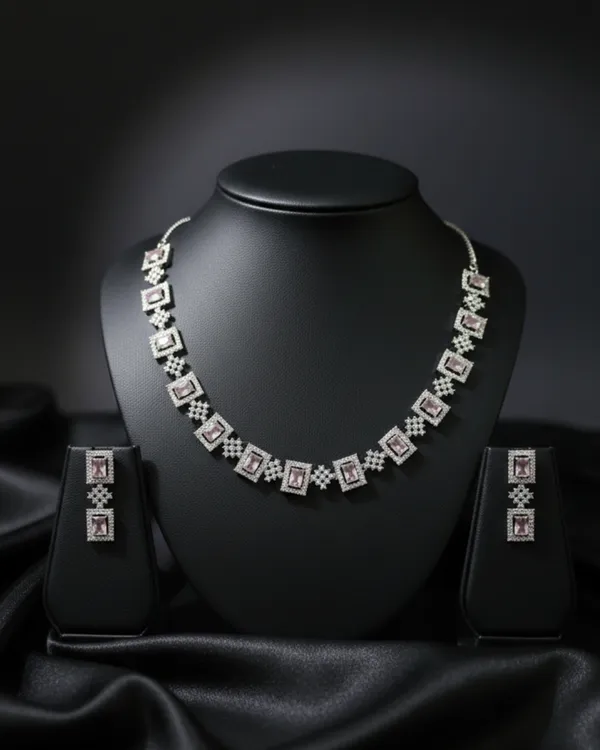 Pink_Square_Shape_Rhodium_Plated_AntiTarnish_Cubic_Zirconia_(Cz)_Necklace_Set_For_Women
