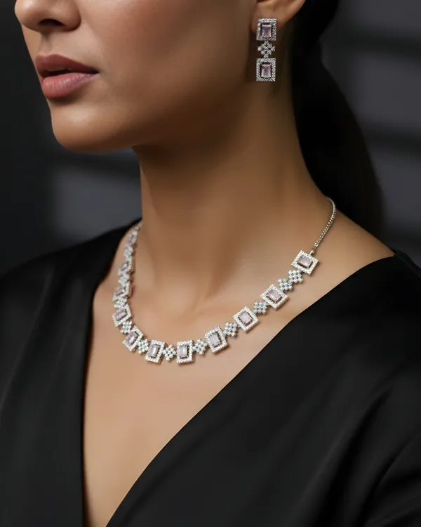 Pink_Square_Shape_Rhodium_Plated_AntiTarnish_Cubic_Zirconia_(Cz)_Necklace_Set_For_Women