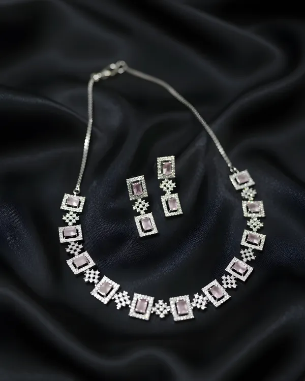 Pink_Square_Shape_Rhodium_Plated_AntiTarnish_Cubic_Zirconia_(Cz)_Necklace_Set_For_Women