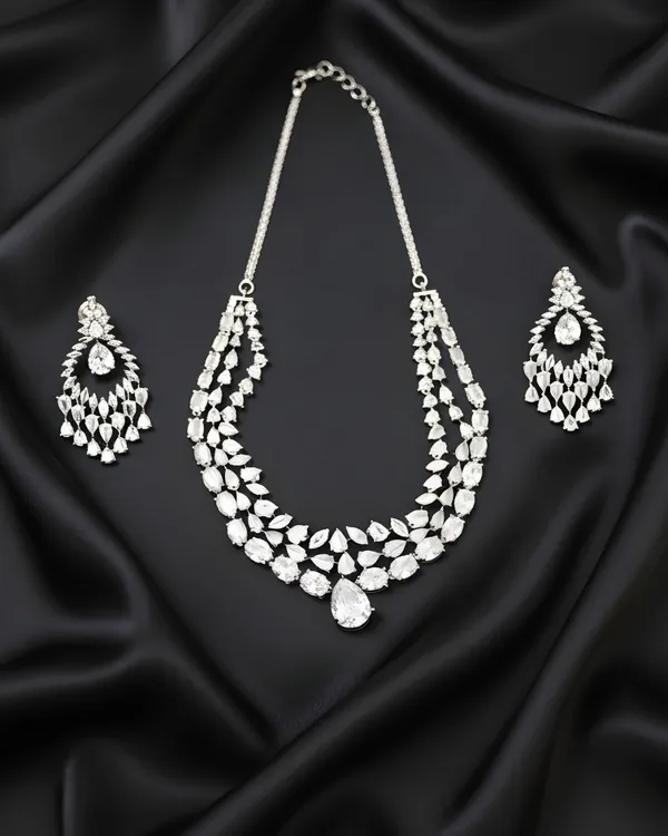 White_Grand_Cascade_Diamond_Simulant_Bridal_Rhodium_Plated_Cubic_Zirconia_(Cz)_Choker_Set_For_Women