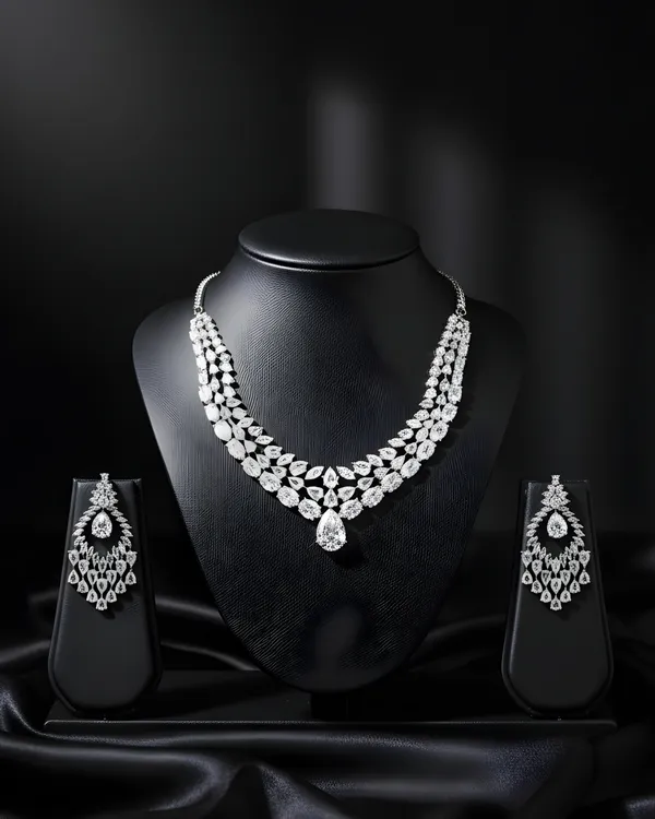 White_Grand_Cascade_Diamond_Simulant_Bridal_Rhodium_Plated_Cubic_Zirconia_(Cz)_Choker_Set_For_Women