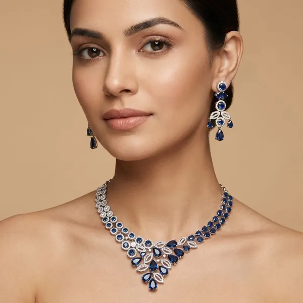 Royal_Blue_Grand_Regal_Sparkle_Teardrop_With_Mangtika(Bindi)_Rhodium_Plated_Cubic_Zirconia_(Cz)_Choker_Set_For_Women