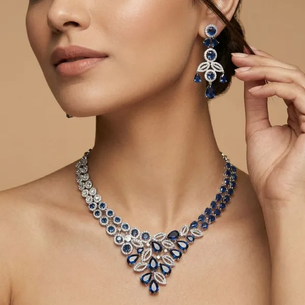 Royal_Blue_Grand_Regal_Sparkle_Teardrop_With_Mangtika(Bindi)_Rhodium_Plated_Cubic_Zirconia_(Cz)_Choker_Set_For_Women