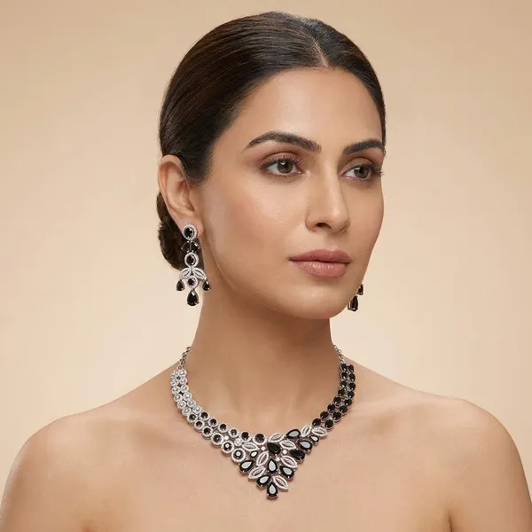 Black_Grand_Regal_Sparkle_Teardrop_With_Mangtika(Bindi)_Rhodium_Plated_Cubic_Zirconia_(Cz)_Choker_Set_For_Women