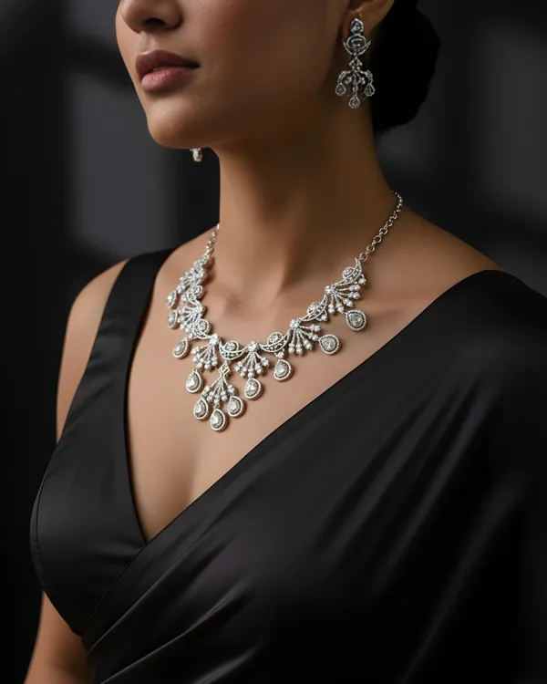 White_Victorian_Sparkle_Radiance_Rhodium_Plated_Cubic_Zirconia_(Cz)_Choker_And_Earring_Set_For_Women